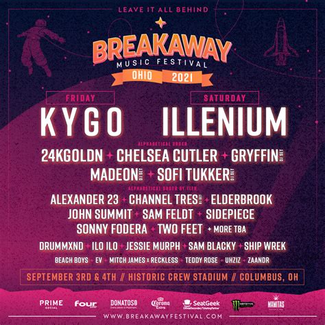 Breakaway festival - Nov 30, 2023 · Tickets for the highly anticipated festival are on sale now, with prices ranging from $104 to $1,199. To purchase tickets, visit here. Created in Columbus, Ohio, in 2016, Breakaway has gone on to ... 